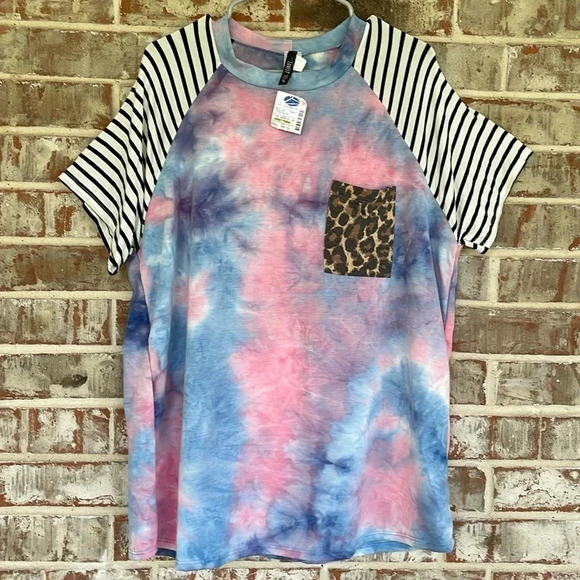 Lovely Souls Blue Pink Tie Dye Raglan Short Sleeved T-shirt - Picture 1 of 9